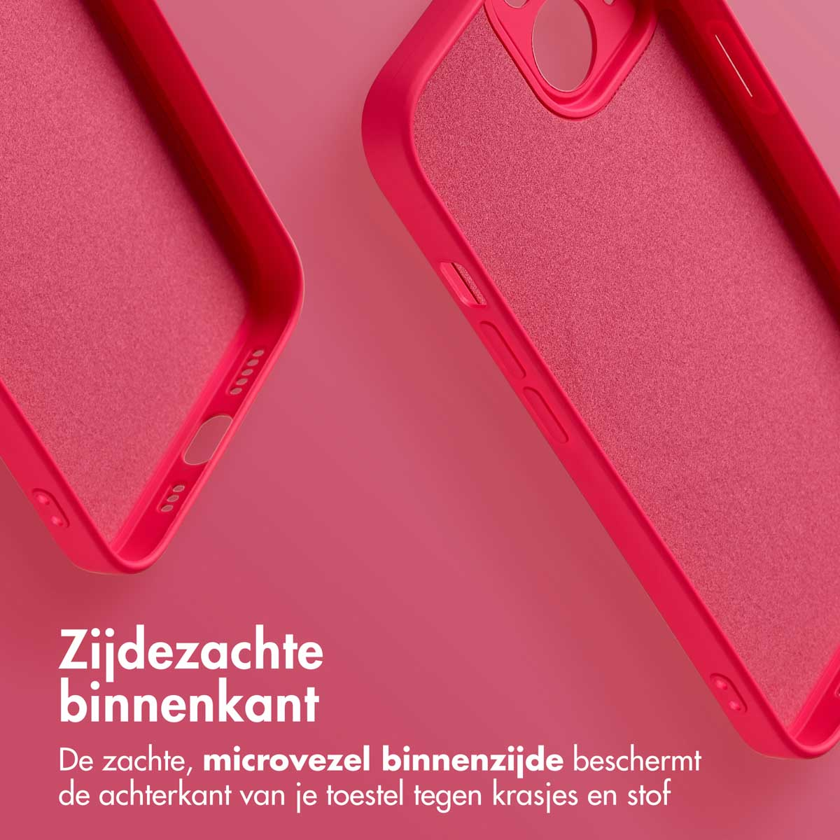 Deux coques de téléphone roses sur fond rose. Les coques ont un intérieur en microfibre doux pour protéger des rayures.