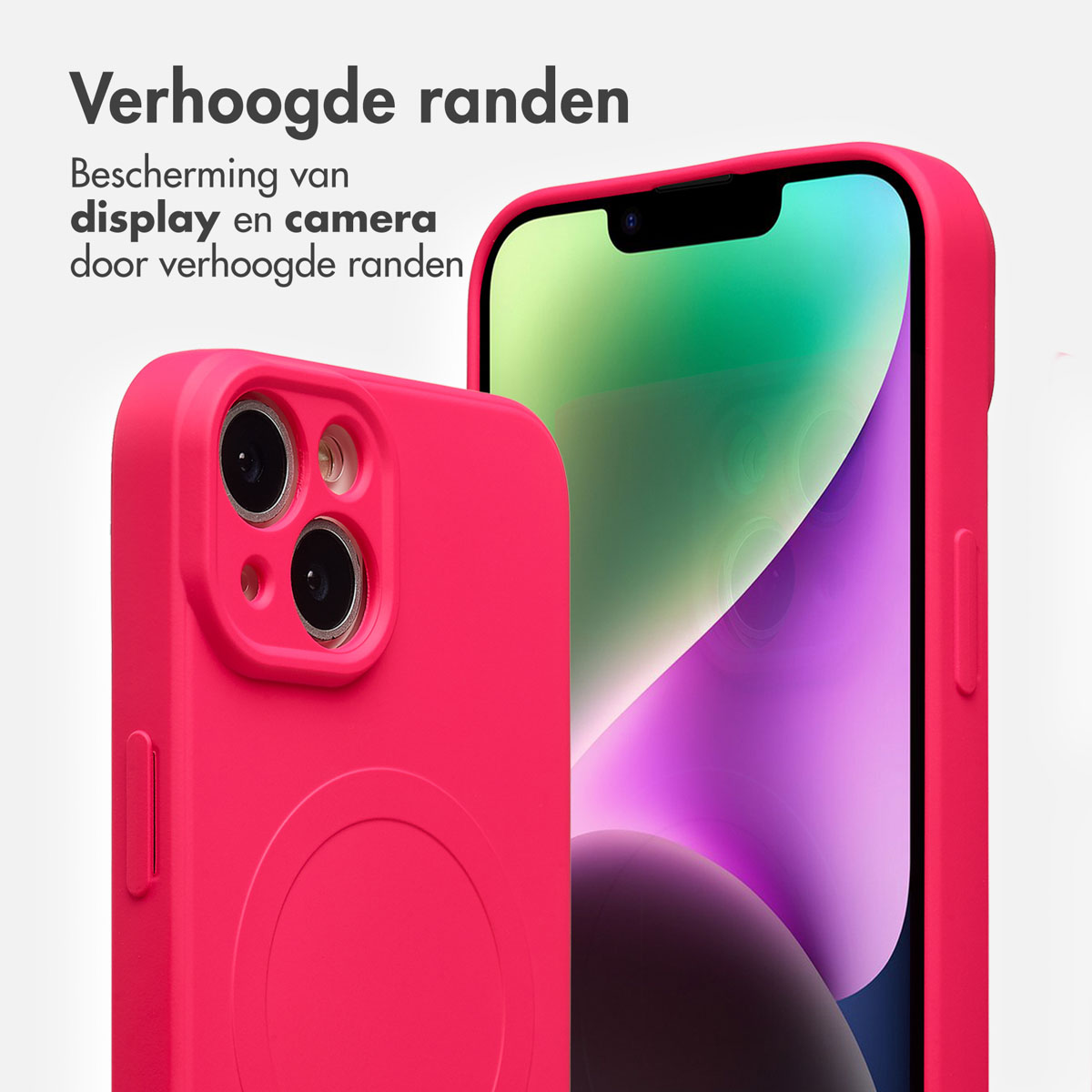 Une coque de téléphone rose protège un téléphone. Texte en néerlandais : 'Bords surélevés'. L'écran affiche un affichage coloré.