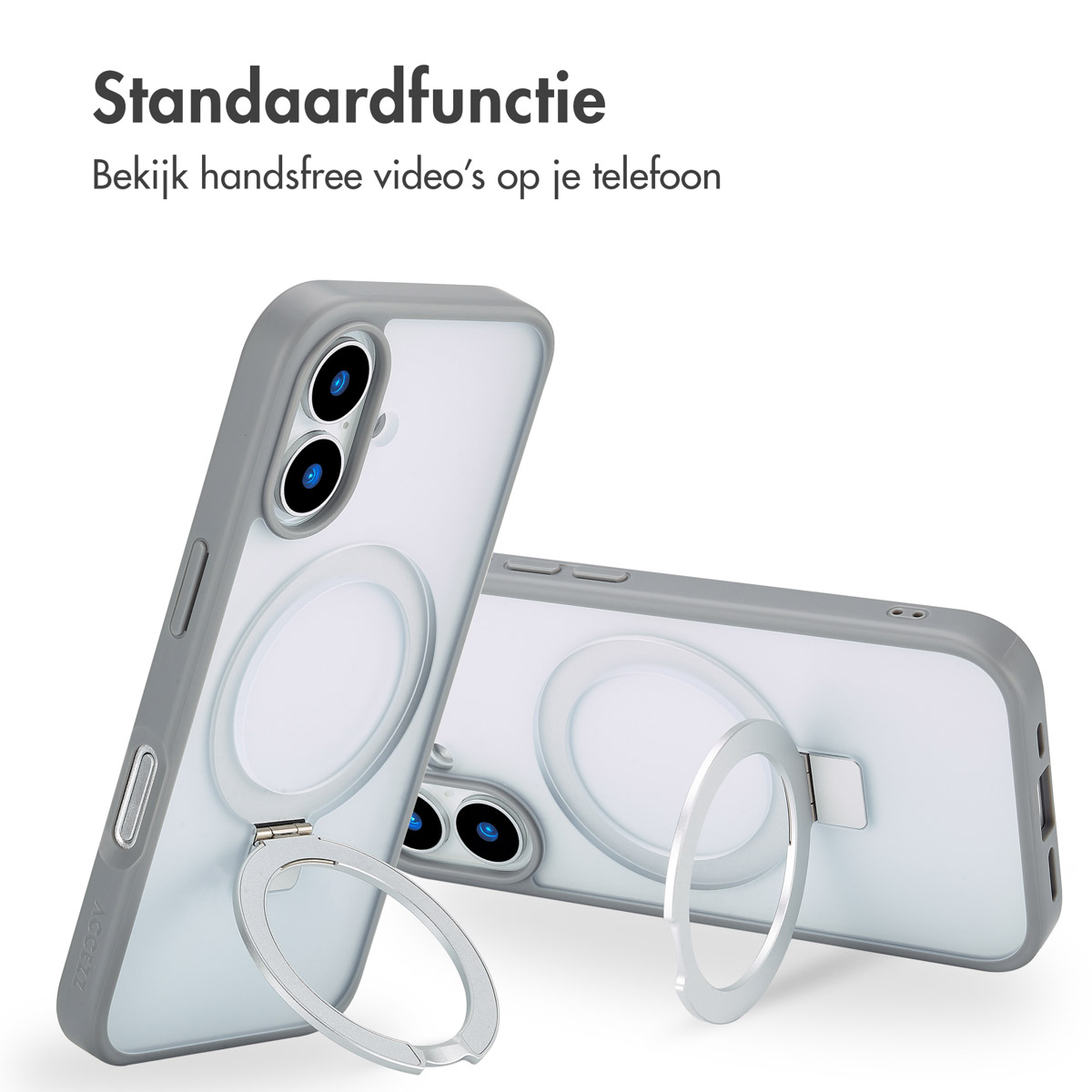Twee telefoonhoesjes met ringstandaards, grijze frames, doorzichtige achterkanten en een cirkelvormige magneet. Tekst luidt 'Standaardfunctie'.