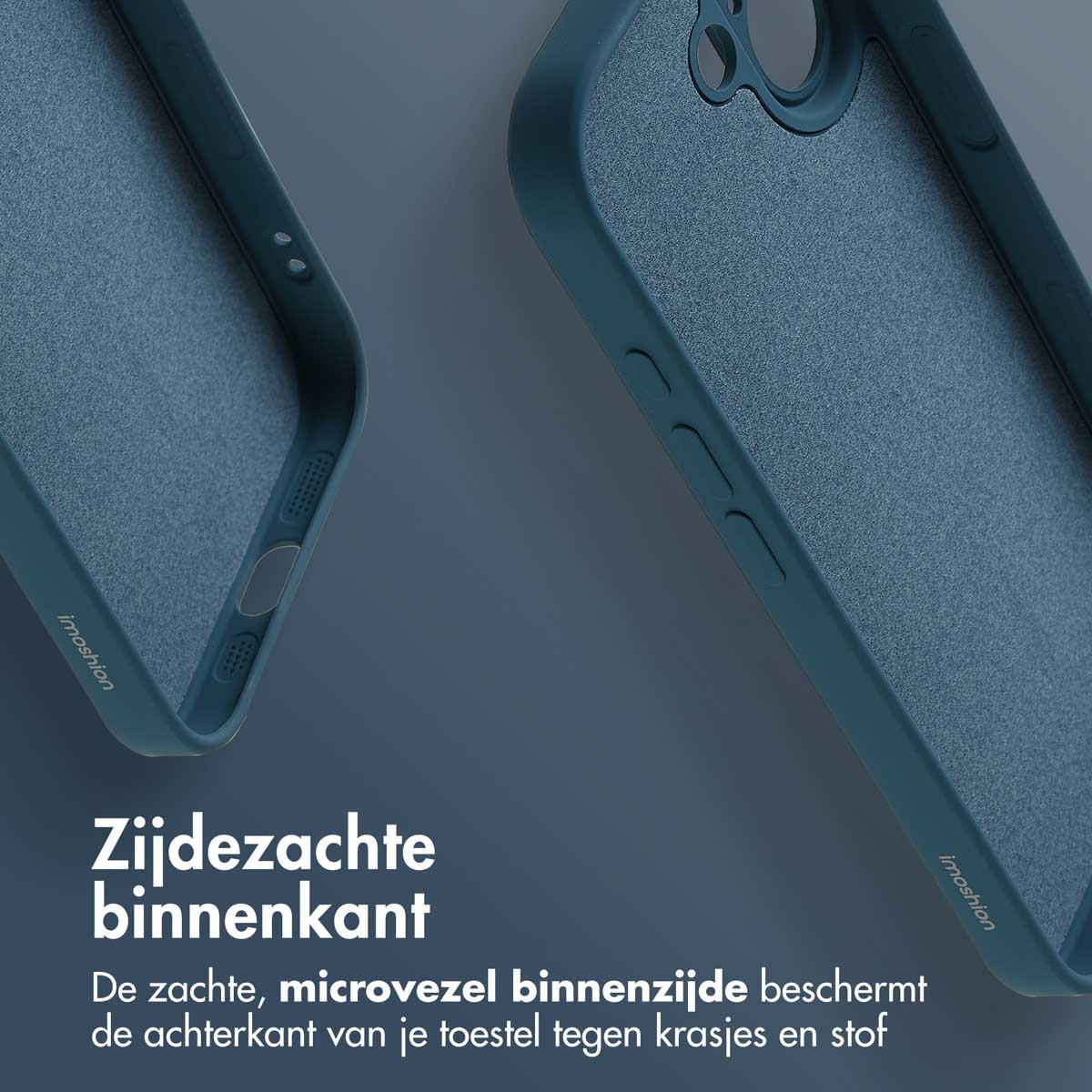 Twee teal telefoonhoesjes worden getoond, met de zachte microvezel binnenkant en de buitenrand. Het imoshion logo is zichtbaar.