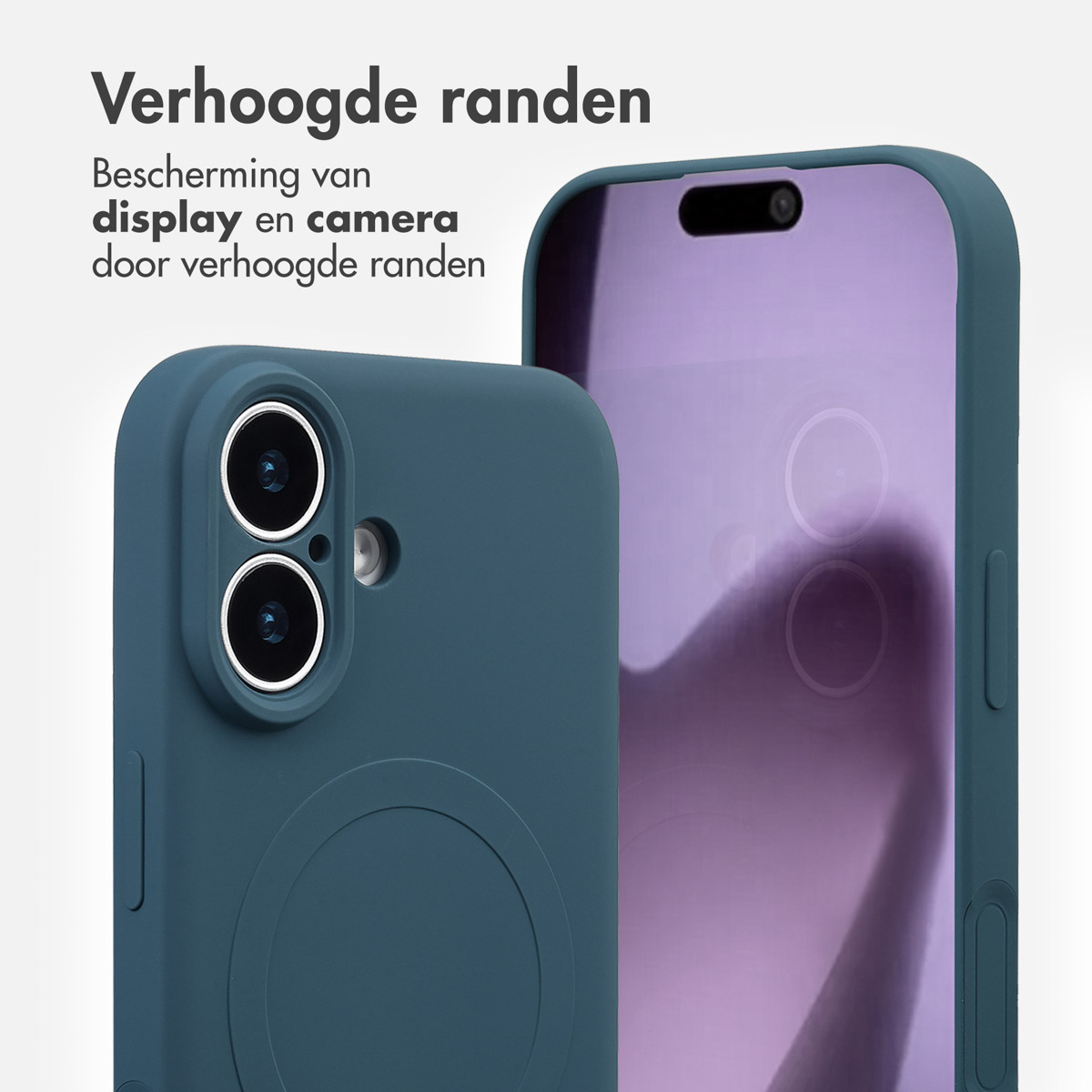 Twee teal telefoonhoesjes worden getoond; een met een dubbele camera-opstelling, de andere toont het scherm. Tekst geeft verhoogde randen aan.