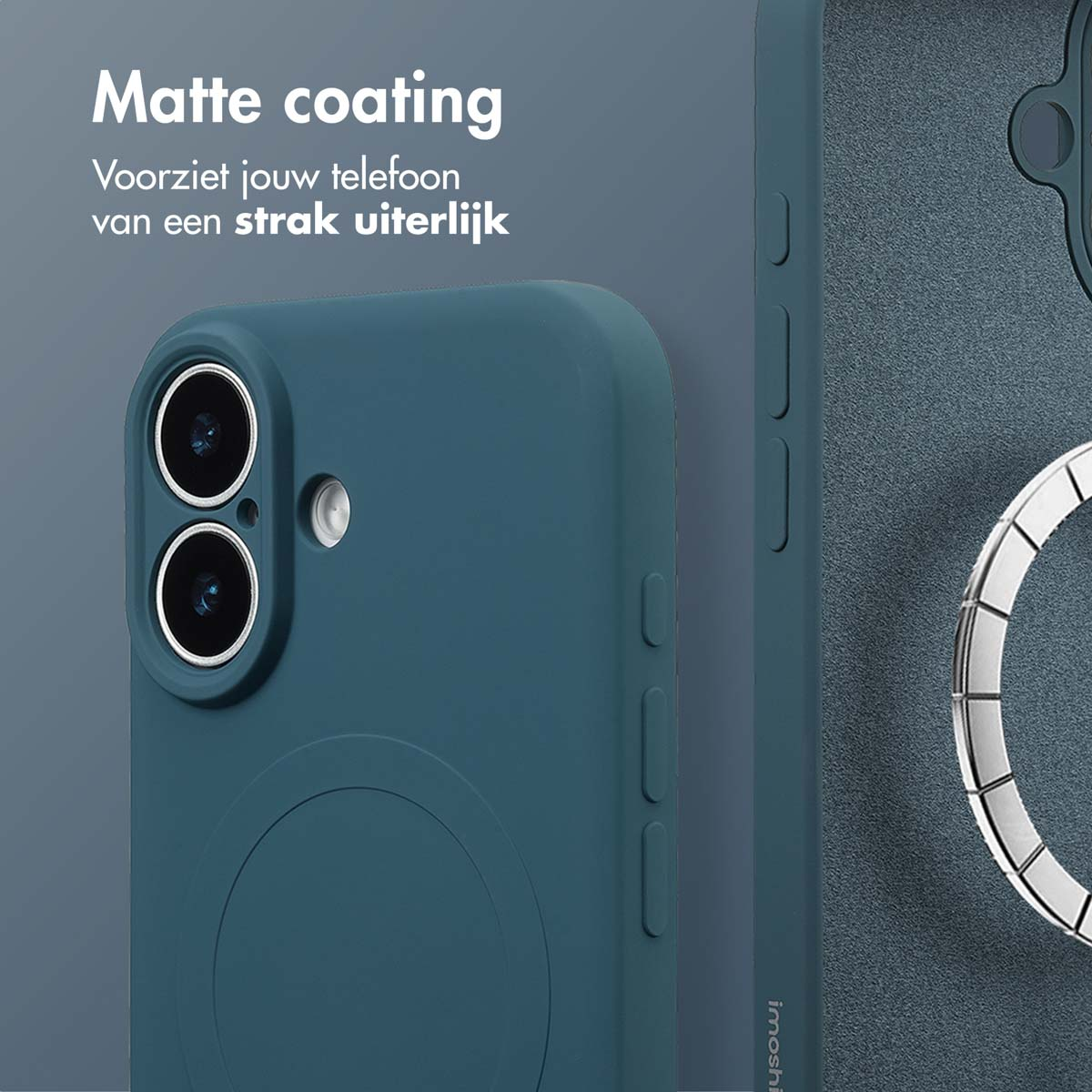 Close-up van een teal telefoonhoesje met een matte afwerking. De hoes heeft camera-uitsparingen en een cirkelvormig ontwerp.