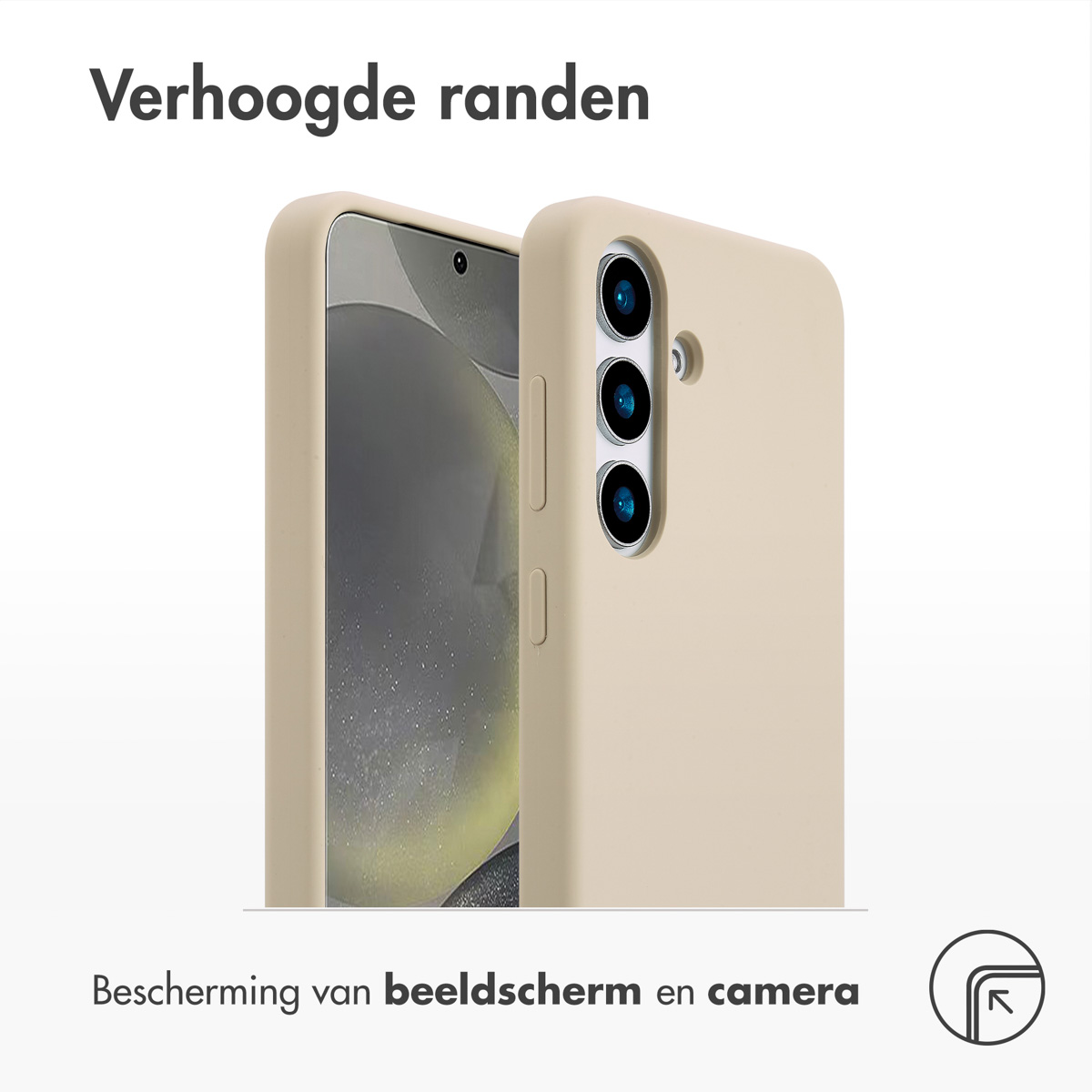 Eine beige Handyhülle schützt ein Smartphone. Die Hülle hat drei Kameralinsen und schützt Bildschirm und Kamera.