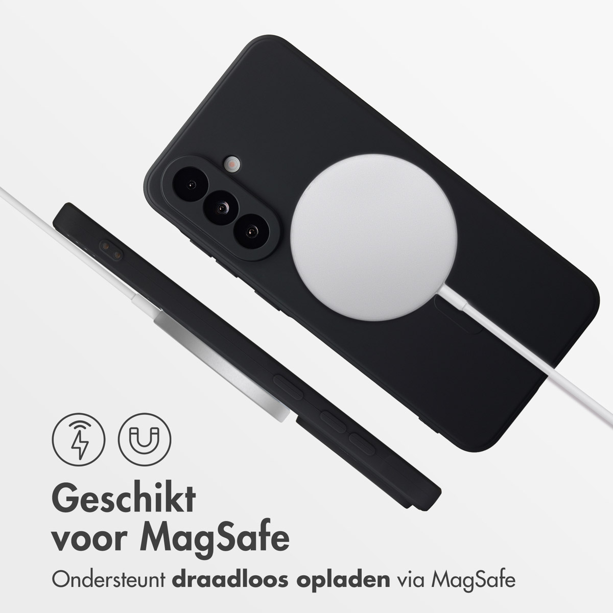 Téléphone noir avec un chargeur MagSafe blanc. Le texte dit : Compatible MagSafe et prend en charge le chargement sans fil.