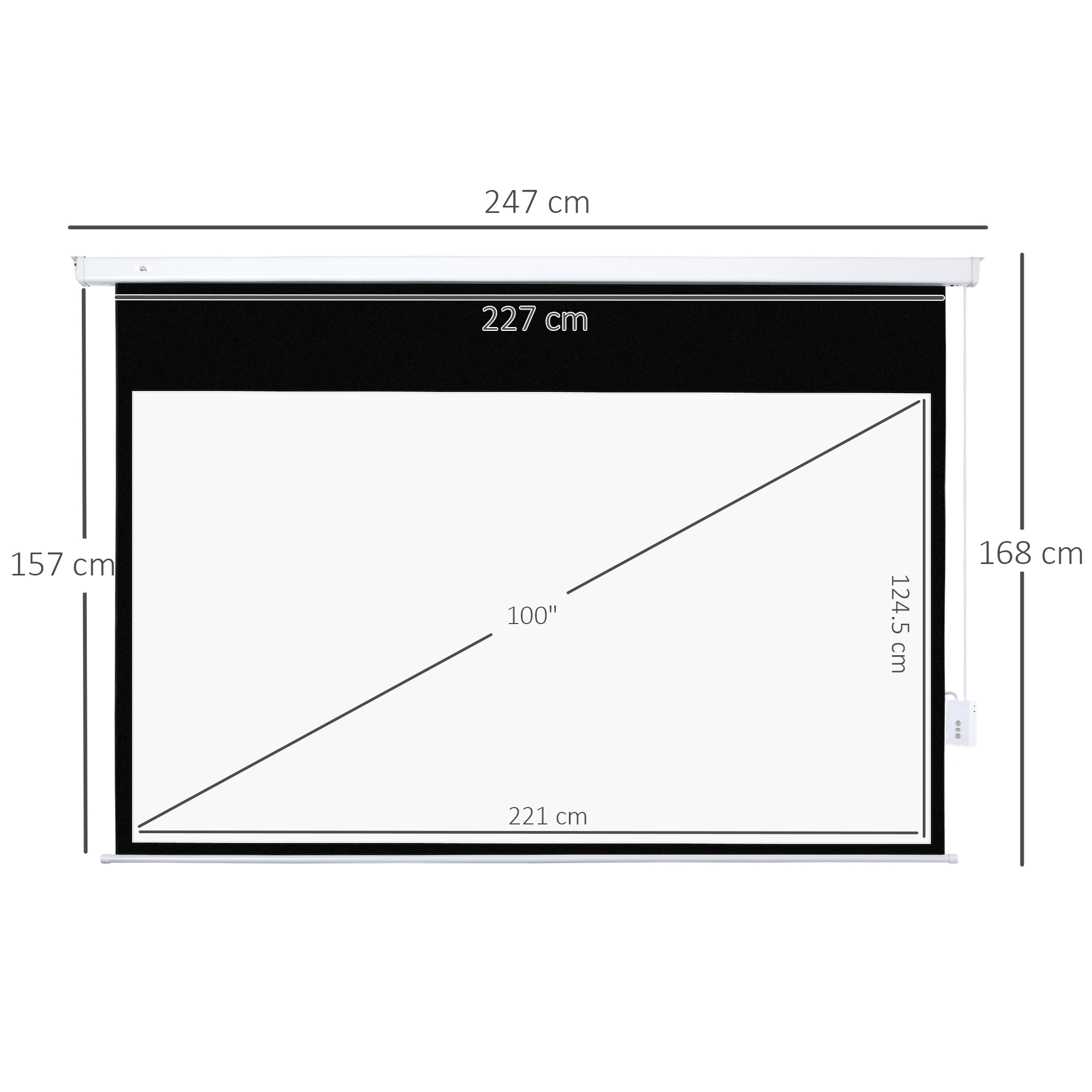 Uno schermo di proiezione bianco con bordi neri. Dimensioni etichettate: 247cm, 227cm, 157cm, 168cm, 221cm, 124.5cm e 100".