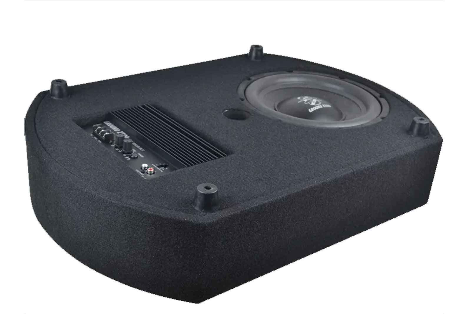 Schwarzer Subwoofer mit Lautsprecher, Bedienfeld und vier Gummifüßen. Der Lautsprecher hat ein Logo. Der Hintergrund ist weiß.