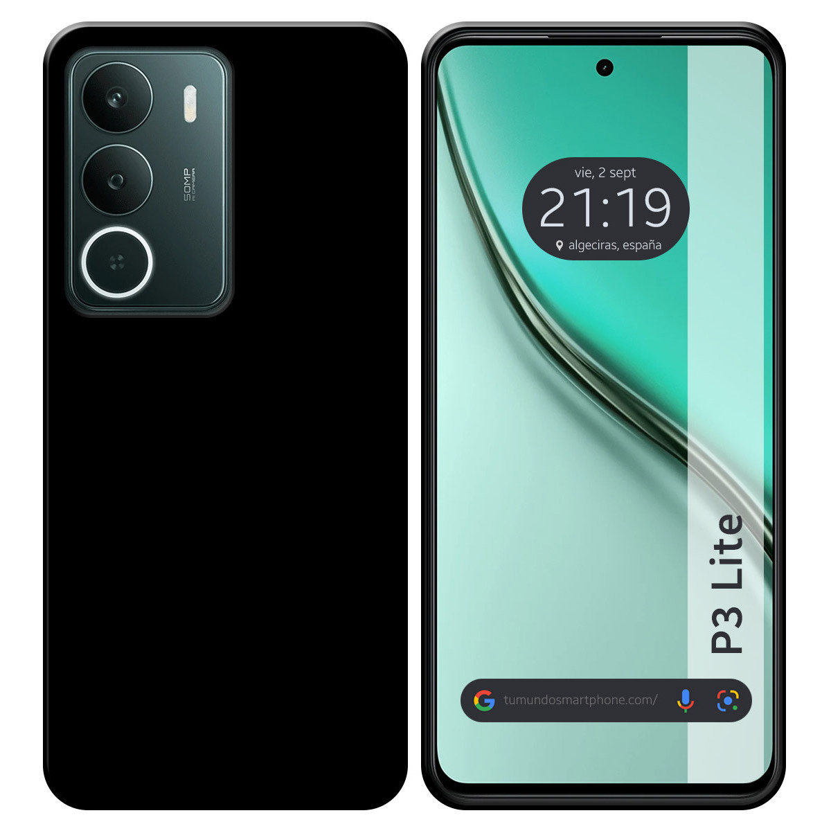 Uno smartphone che mostra l'ora e la data in spagnolo. La parte posteriore del telefono è nera e ha più fotocamere.