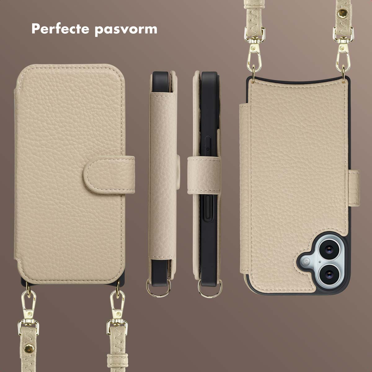 Un étui de téléphone beige avec une sangle est présenté dans trois orientations. Le fond est un dégradé beige et marron.