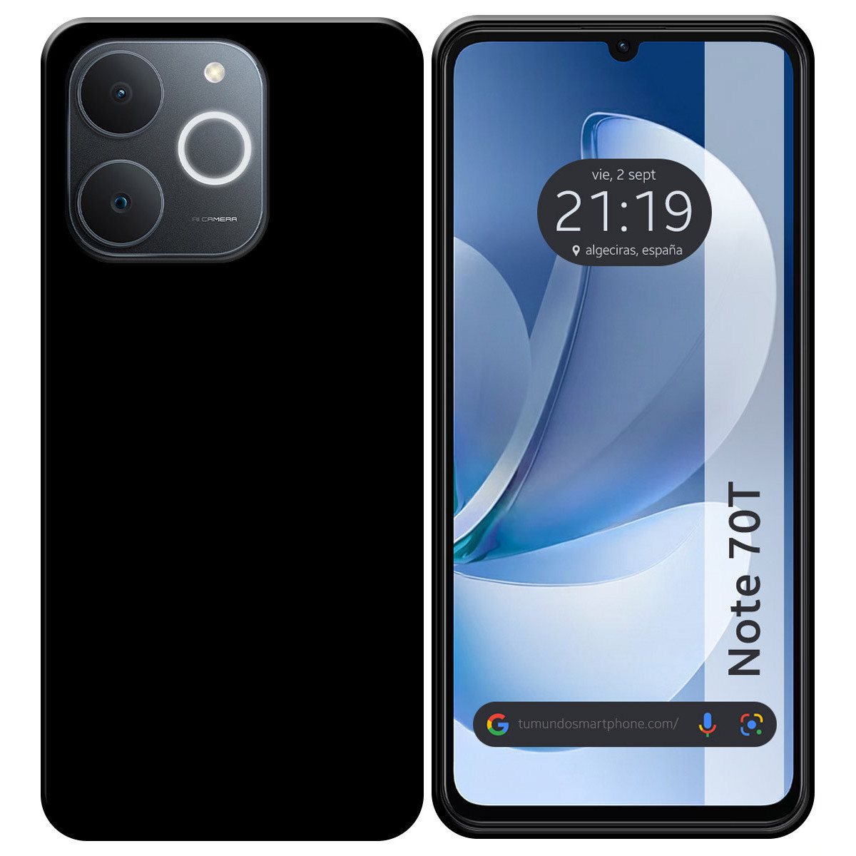 Uno smartphone nero con una fotocamera a tre lenti sul retro. Lo schermo mostra l'ora e 'algeciras, españa'. Il modello è 'Note 70T'.