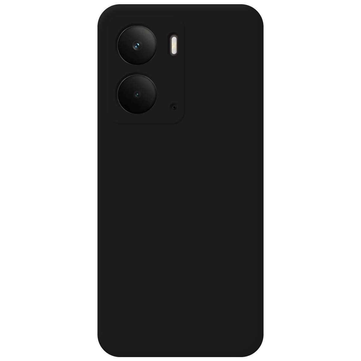 Retro del telefono nero con due obiettivi e un flash. La superficie è liscia e opaca. Il design è semplice e moderno.