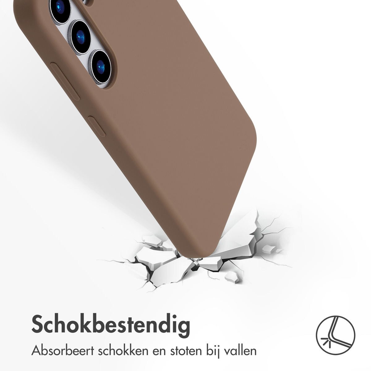 Eine braune Handyhülle fällt auf eine weiße Oberfläche. Die Oberfläche bricht beim Aufprall. Text unten weist auf Stoßfestigkeit hin.