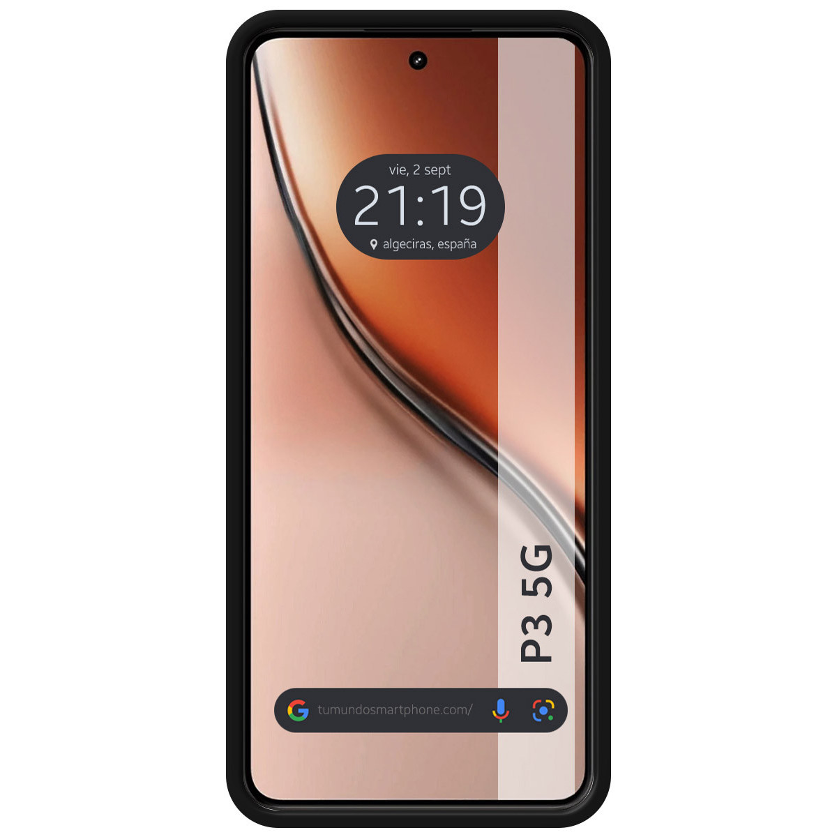 Schermo dello smartphone che mostra ora, data e barra di ricerca di Google, con sfondo parzialmente visibile e le parole 'P3 5G'.