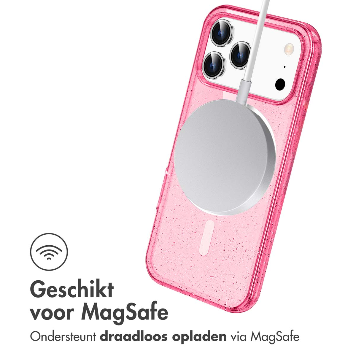 Une coque de téléphone rose avec un chargeur MagSafe attaché. Le texte en dessous indique 'Geschikt voor MagSafe' et 'Ondersteunt draadloos opladen'.