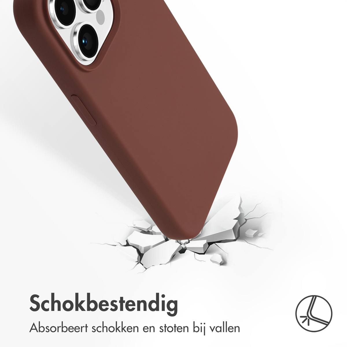 Eine braune Handyhülle fällt und reißt eine Oberfläche auf. Die Kamera des Telefons ist sichtbar. Text: Schokbestendig, Absorbiert Schläge und Stöße beim Fallen.