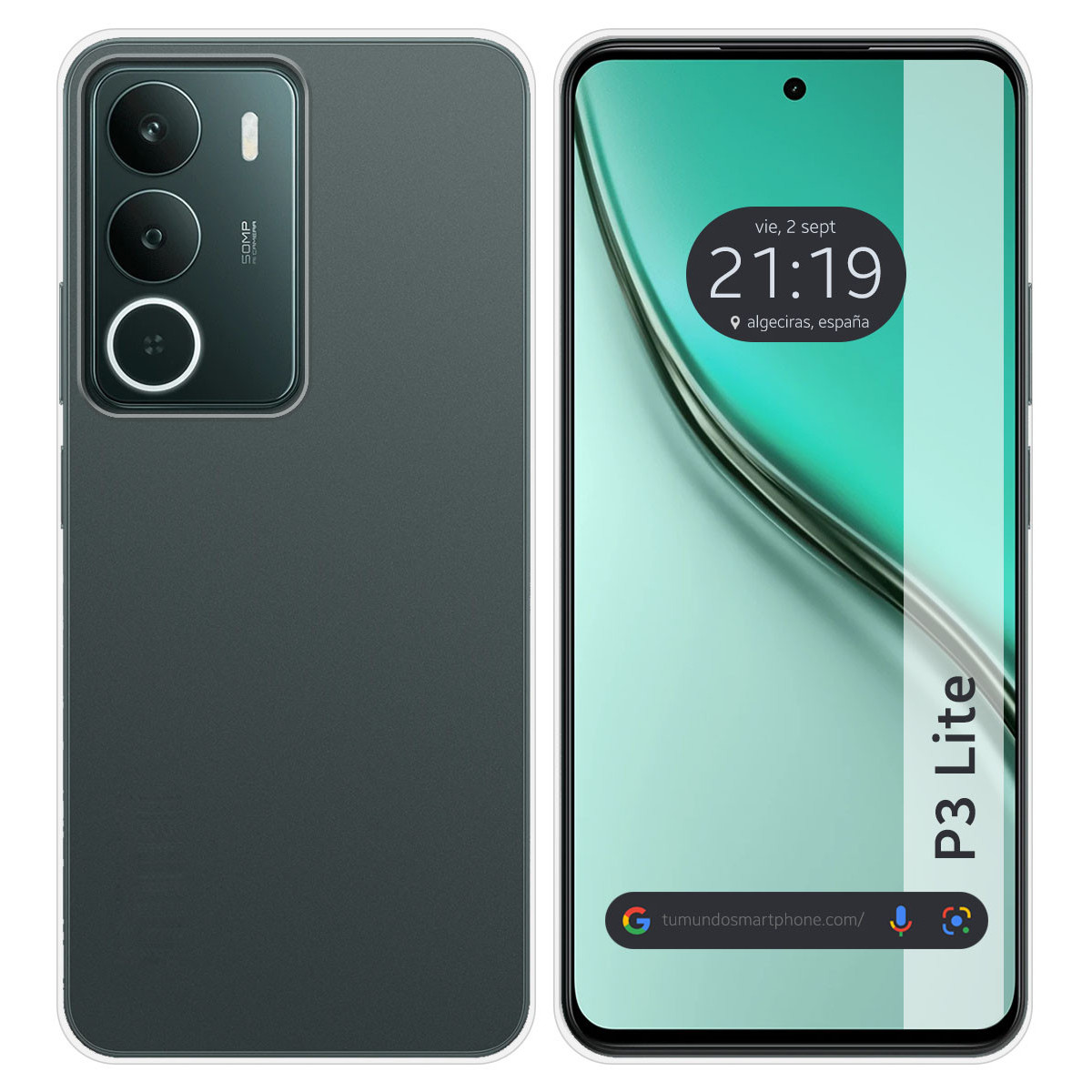 Uno smartphone con retro verde scuro e schermo che mostra l'ora. Lo schermo mostra ora, data e posizione.