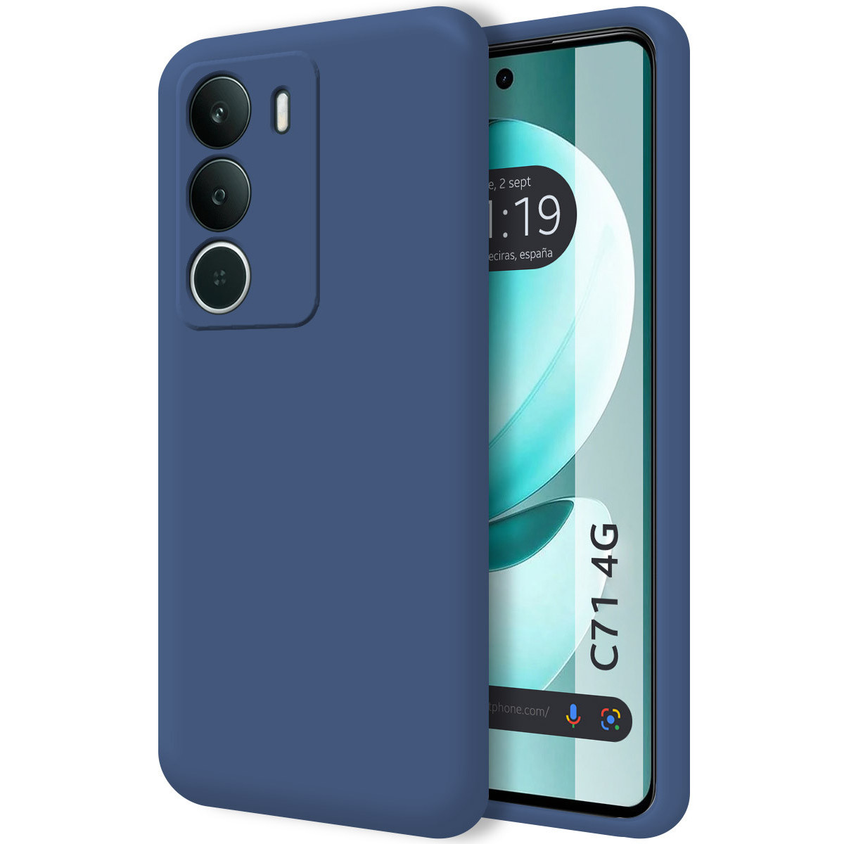 Una custodia blu per telefono copre parzialmente uno smartphone. Il telefono mostra un orologio e ha 'C71 4G' sullo schermo.