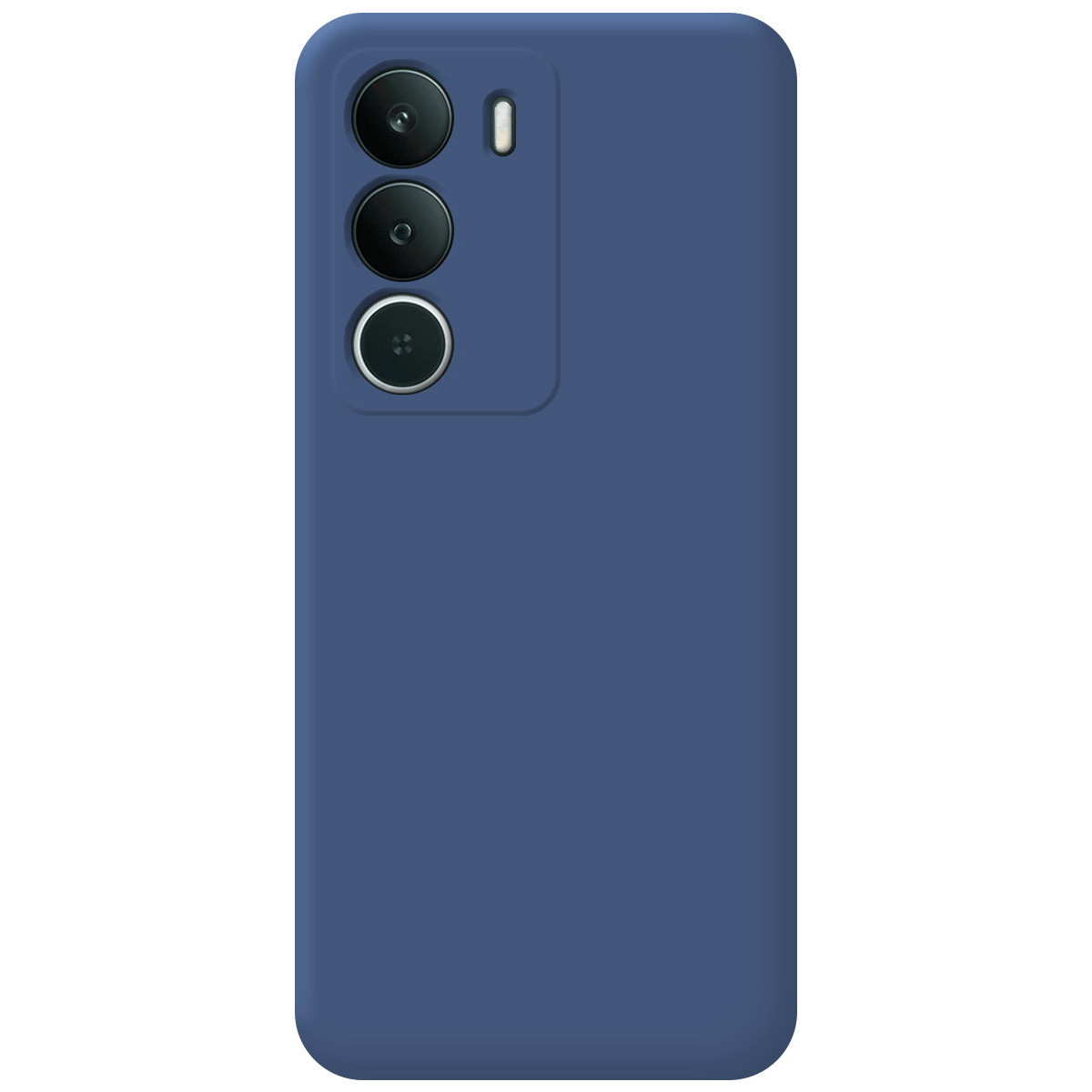 Una custodia per telefono blu scuro. Ha tre lenti della fotocamera e un flash in alto a sinistra. La custodia è liscia e ha angoli arrotondati.