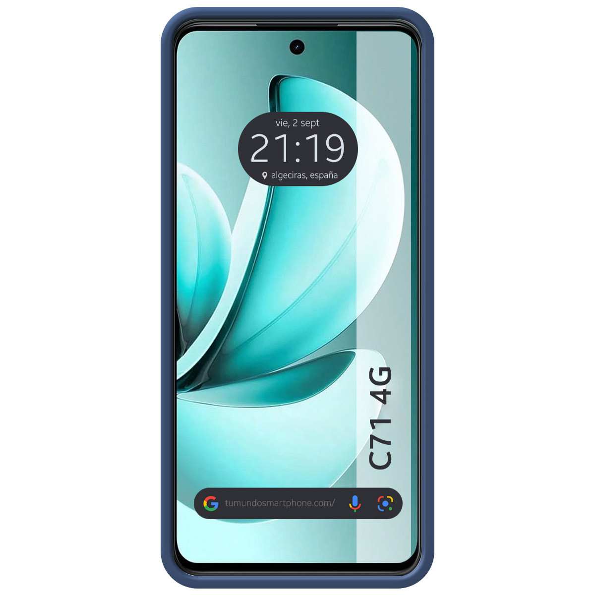 Uno smartphone con custodia blu mostra uno sfondo turchese e bianco. L'ora è 21:19. Il modello del telefono è C71 4G.