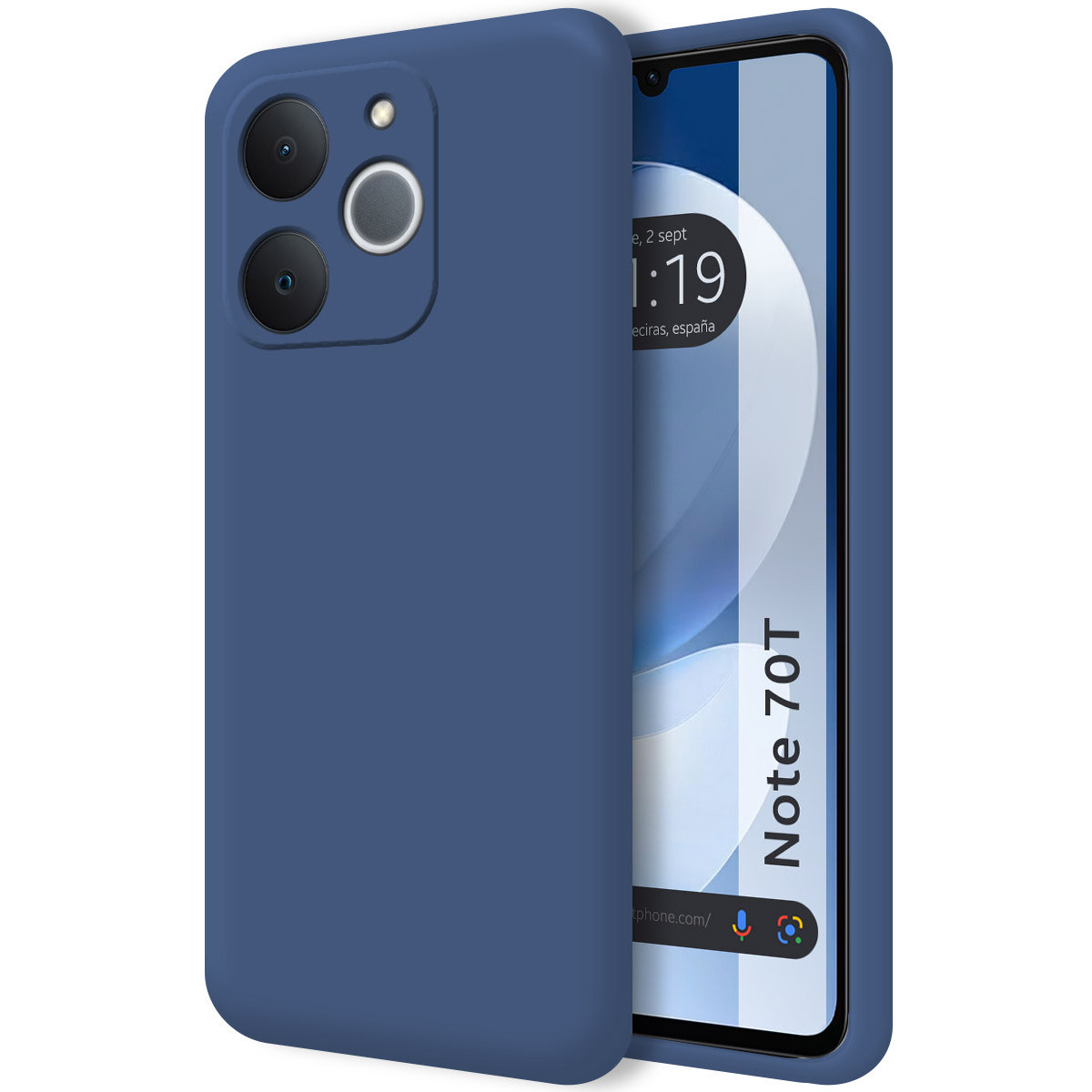 Una custodia blu per telefono copre parzialmente un telefono che mostra l'ora e 'Note 70T'. La custodia ha ritagli per la fotocamera.