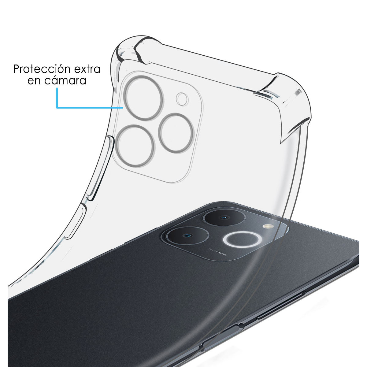 Una funda transparente para teléfono está sobre un teléfono negro. La funda resalta la protección de la cámara. El fondo es blanco.