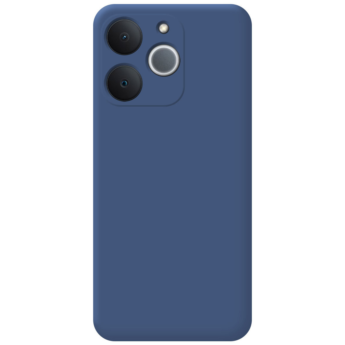 Una custodia per telefono blu scuro. Ha tre lenti della fotocamera e un flash. Lo sfondo è bianco.