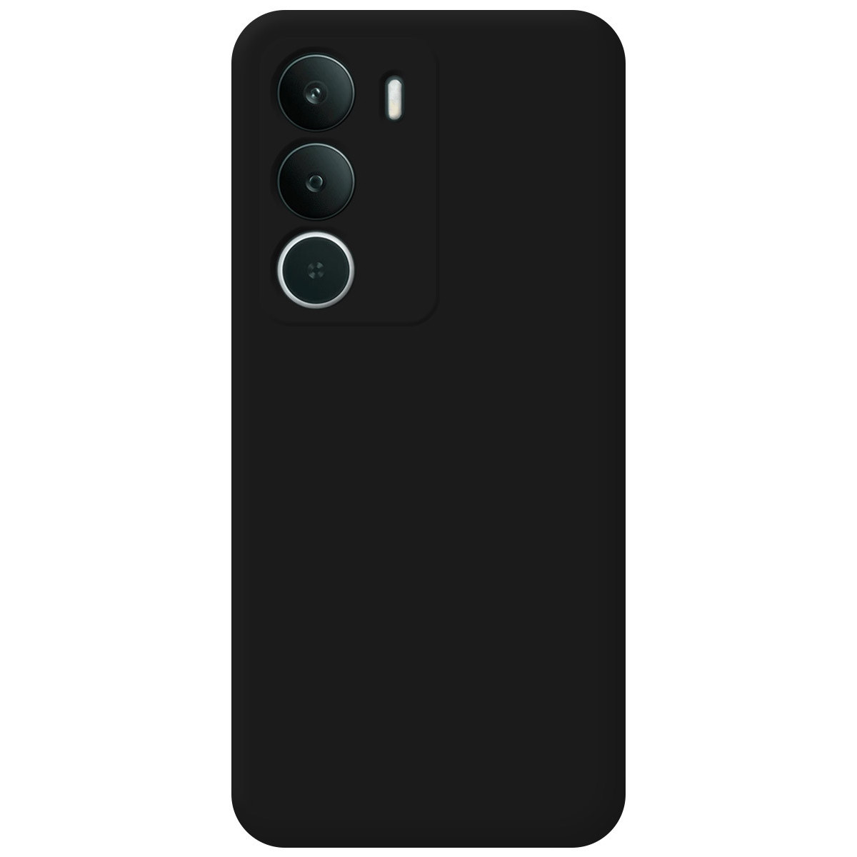 Retro del telefono nero con tre lenti della fotocamera e un flash. Il telefono ha una finitura liscia e opaca e angoli arrotondati.