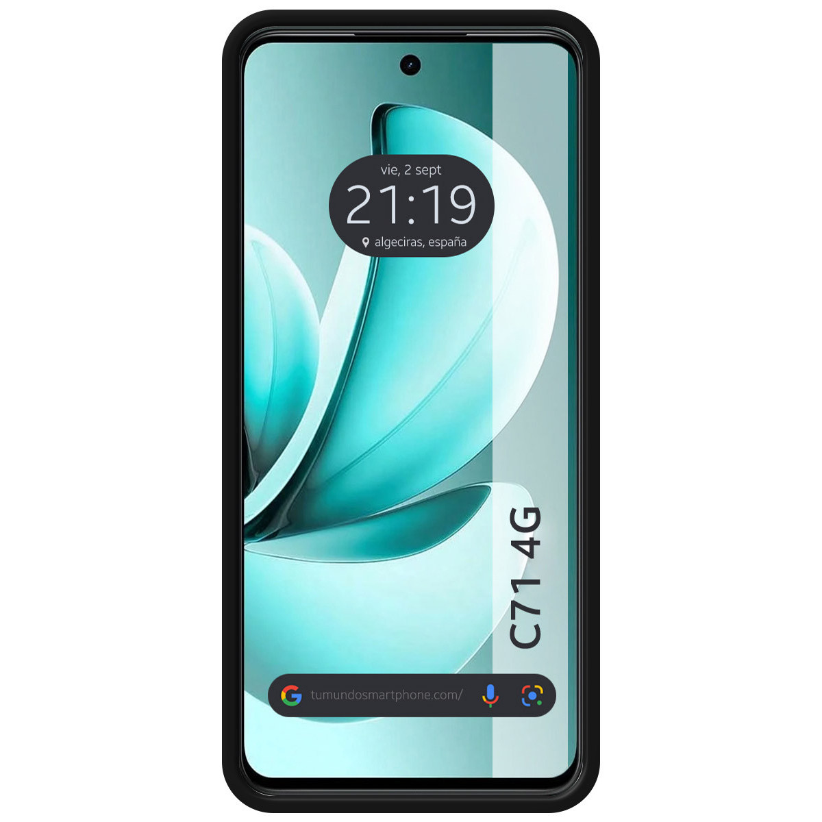 Uno smartphone mostra l'ora 21:19, un design astratto turchese e il testo C71 4G. Ha una cornice nera.