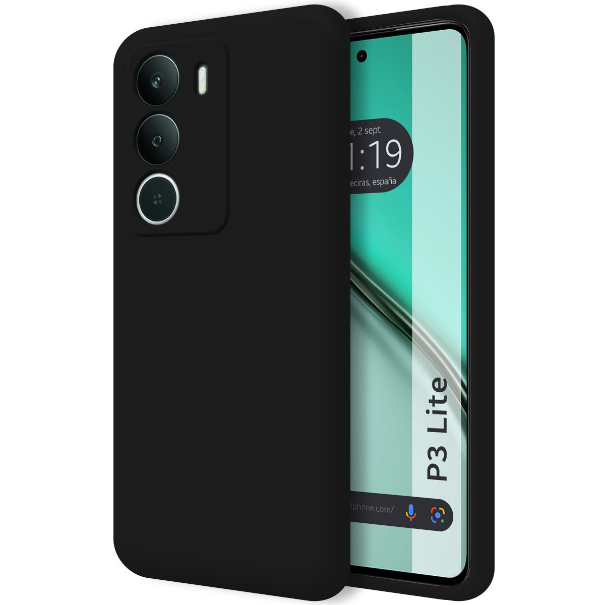 Un telefono nero in una custodia nera. Lo schermo mostra l'ora, la data e P3 Lite. Tre obiettivi della fotocamera sono visibili.