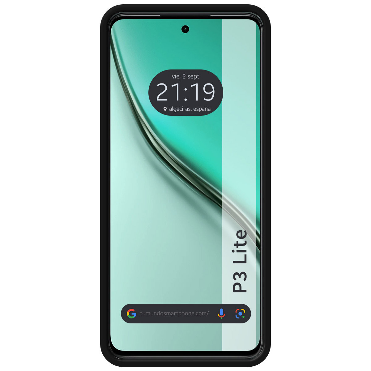 Schermo dello smartphone che mostra ora, data e posizione. Il telefono ha una cornice nera. Lo sfondo dello schermo è verde e bianco.