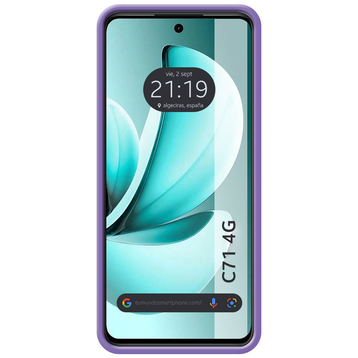 Uno smartphone con custodia viola visualizza le 21:19. Lo schermo mostra un design turchese. Il telefono ha un'etichetta C71 4G.