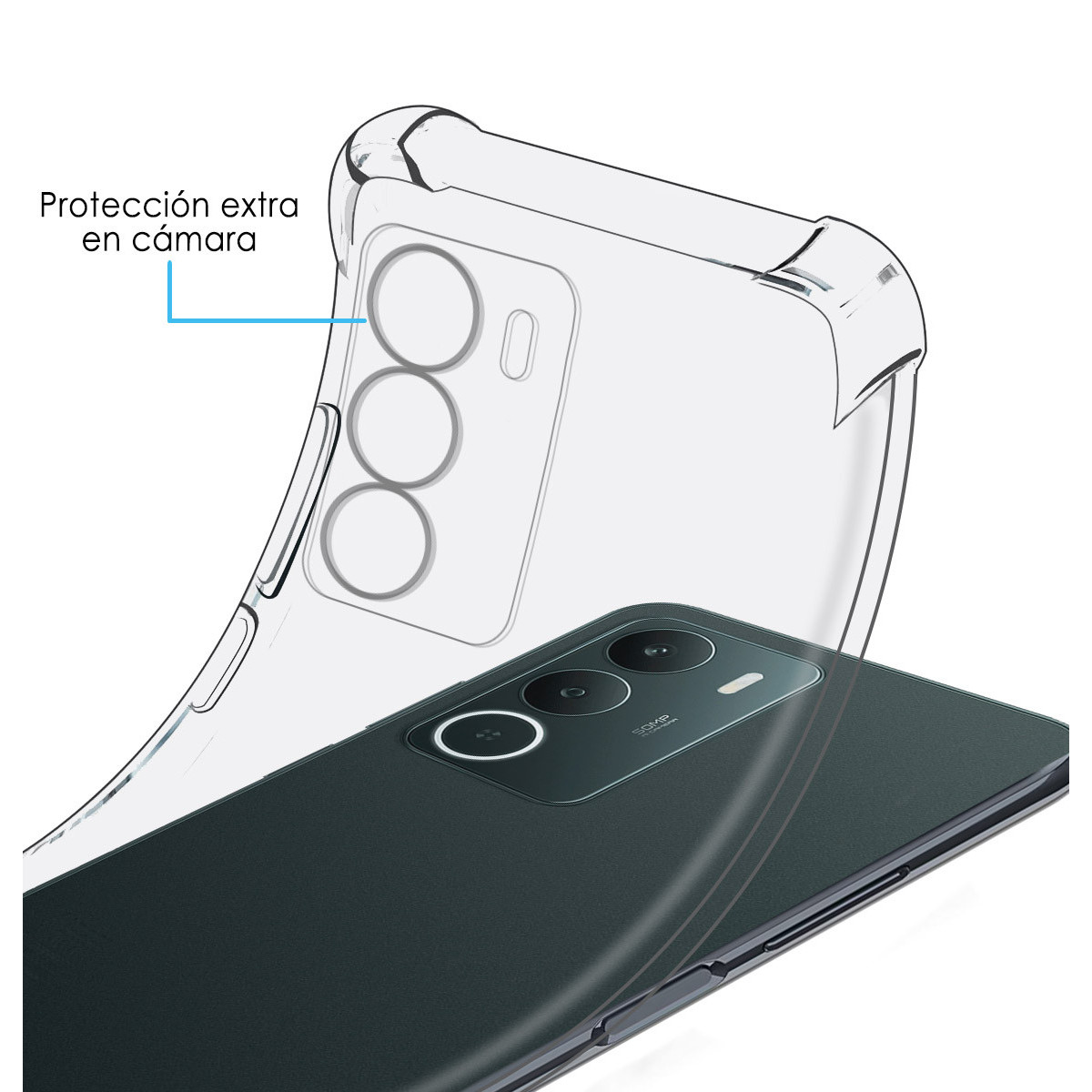 Un teléfono con una funda protectora transparente. La funda resalta el área de la cámara. El teléfono es verde oscuro.