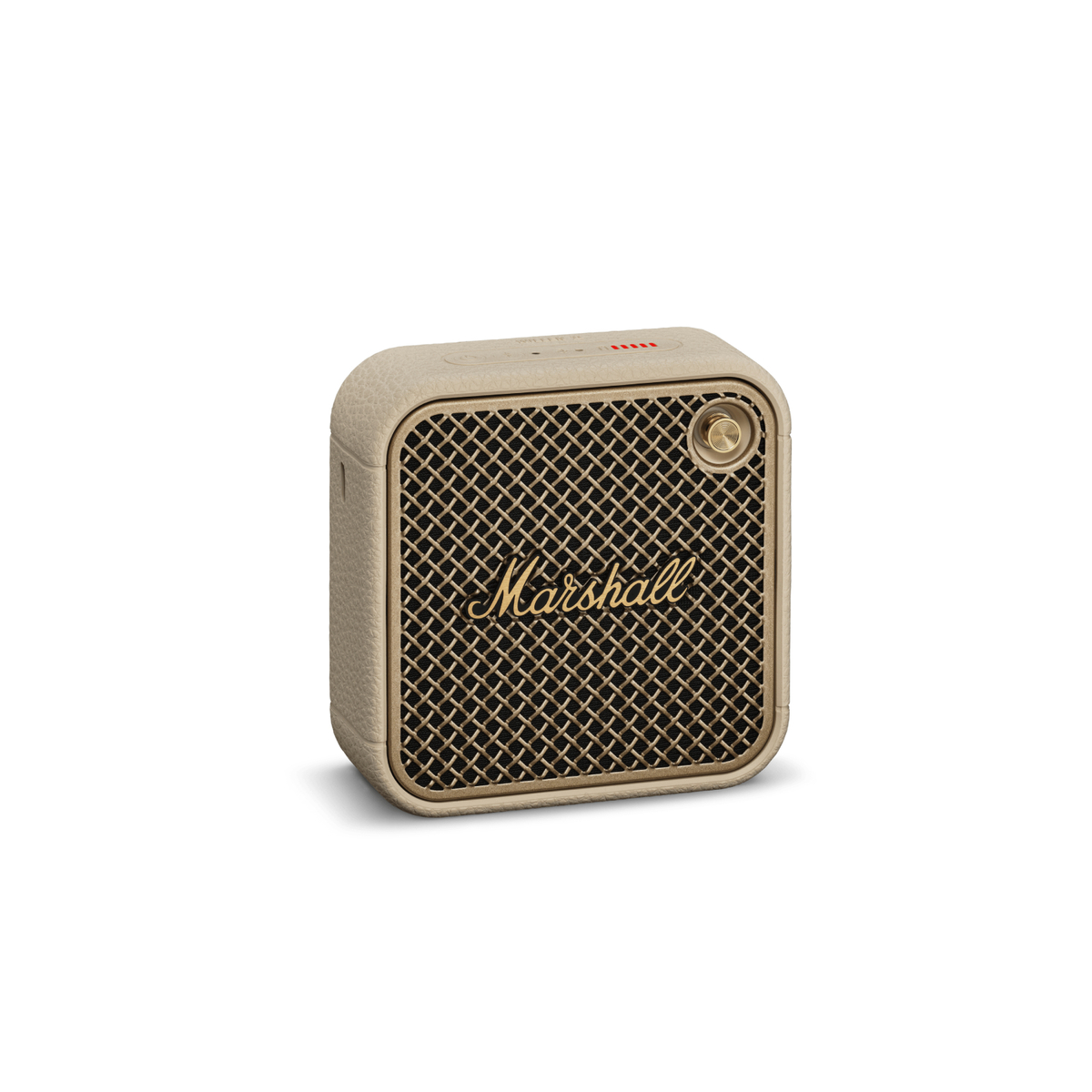 Un altoparlante Marshall beige con una griglia anteriore dorata, logo Marshall dorato e manopola di controllo dorata, su sfondo bianco.