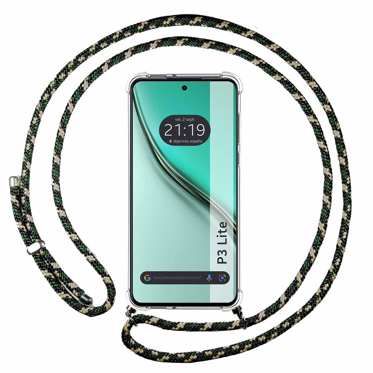 Uno smartphone con cinturino mimetico. Il telefono mostra l'ora: 21:19. Il telefono è in una custodia trasparente. Il cinturino è verde, nero e beige.