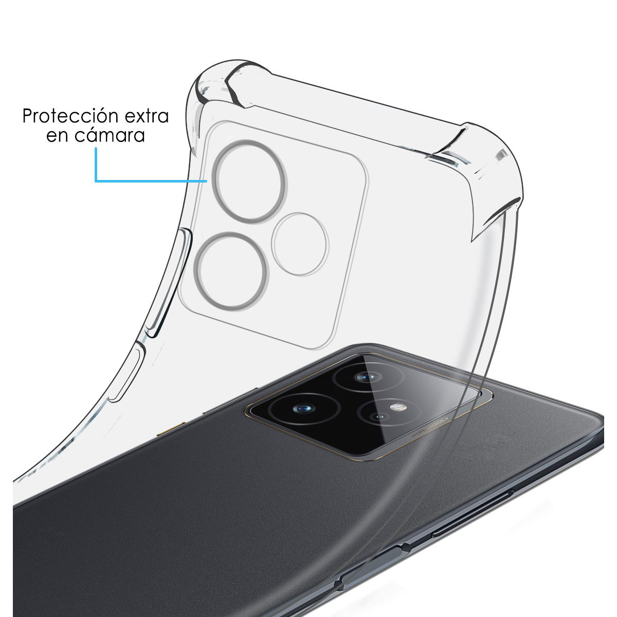 Una custodia trasparente su un telefono scuro. La custodia evidenzia l'area della fotocamera. Testo: 'Protezione extra in camera'.