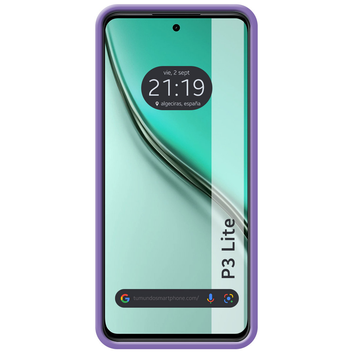 Uno smartphone con custodia viola mostra ora, data e posizione. Lo schermo mostra uno sfondo sfumato.