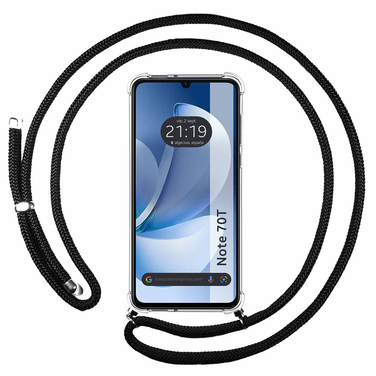 Uno smartphone, una custodia trasparente e un cordino nero. Il telefono mostra l'ora, 21:19, e la località Algeciras, Spagna.