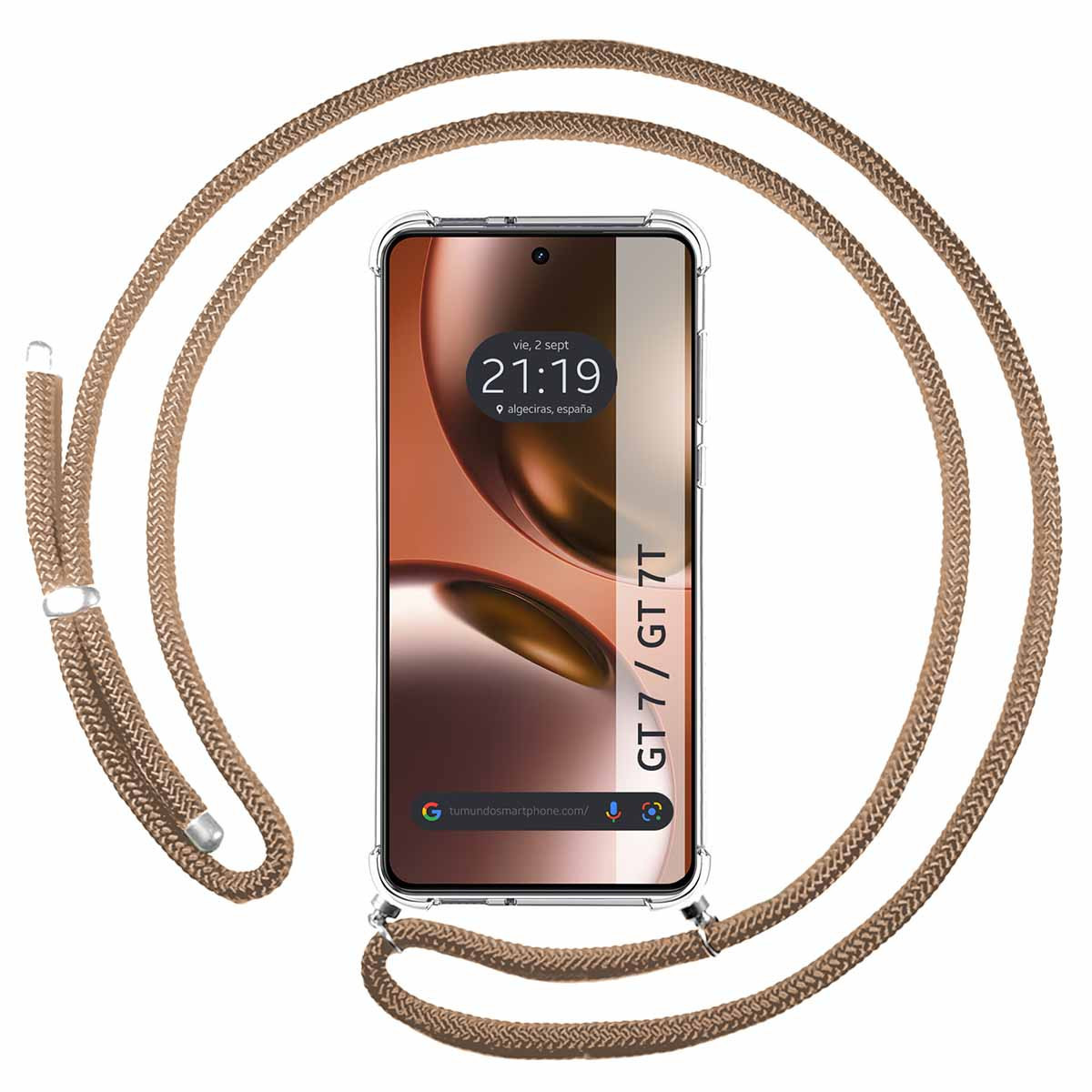 Uno smartphone con custodia a cordino marrone. Il telefono mostra l'ora 21:19. La custodia è trasparente e il cordino è ad anello.