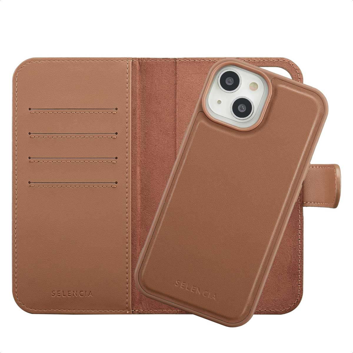 Un étui de téléphone en cuir marron avec une section portefeuille ouverte et un téléphone à l'intérieur. La marque SELENCIA est visible.
