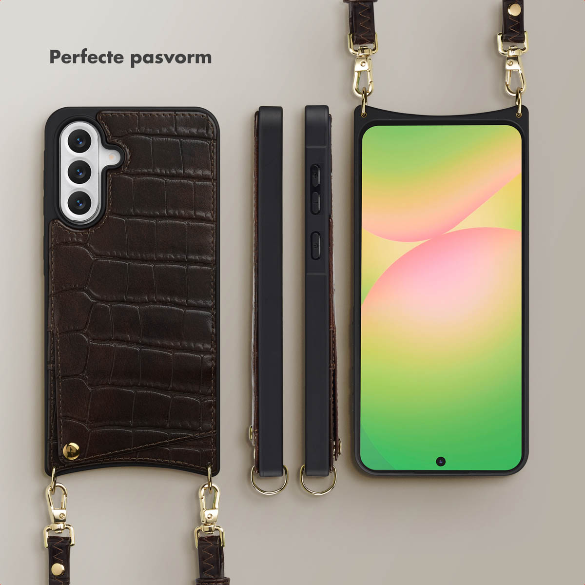 L'immagine mostra custodie per telefoni marroni con cinturini. Un telefono mostra un'immagine astratta verde e rosa. Le custodie hanno chiusure dorate.