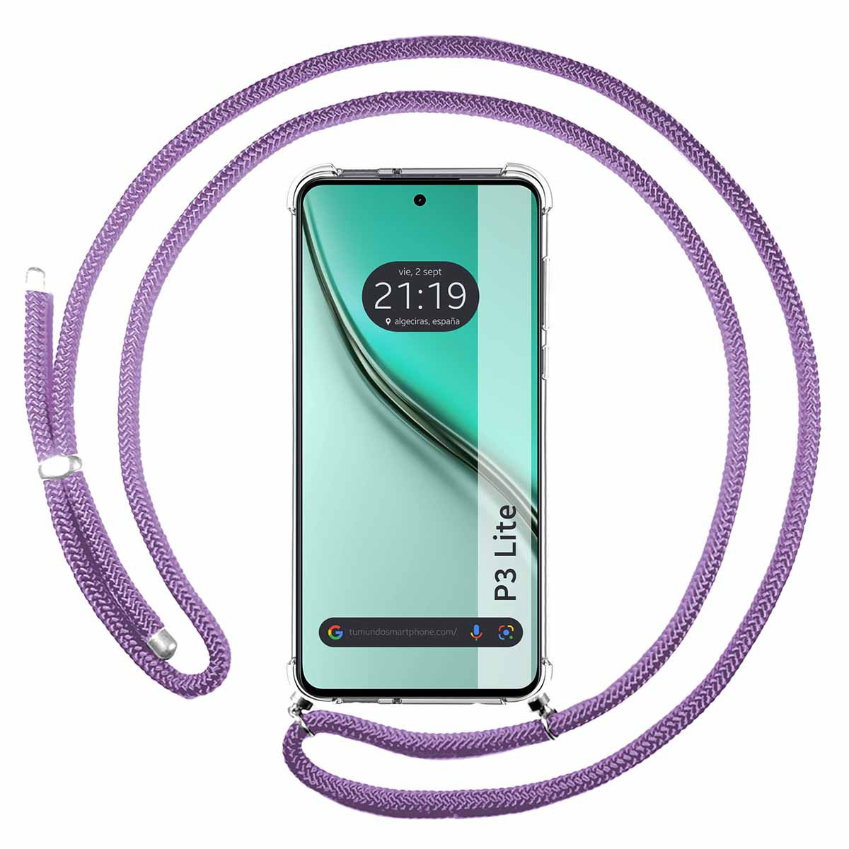 Uno smartphone con un cordino viola. Lo schermo mostra l'ora e un sito web. Il telefono è in una custodia trasparente.