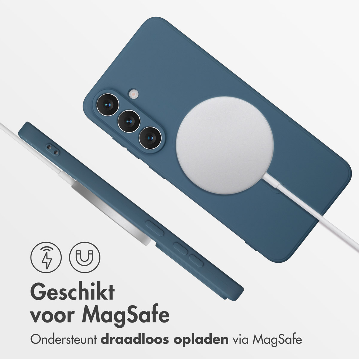 Blauwe telefoonhoes met een witte MagSafe-lader verbonden. Tekst: Geschikt voor MagSafe en ondersteunt draadloos opladen.