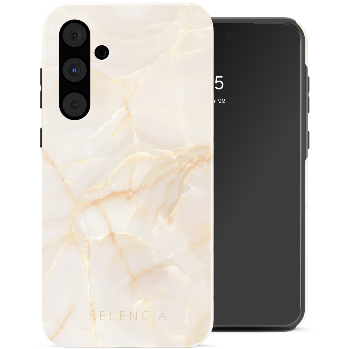 Uno smartphone con una custodia color crema a fantasia marmorea è su una superficie bianca. Lo schermo mostra l'ora. Il marchio è Selencia.