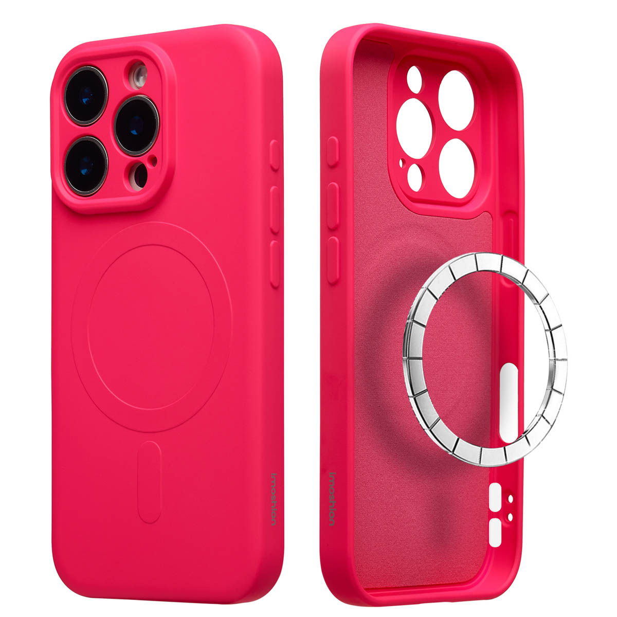 Twee roze telefoonhoesjes, één met de achterkant met camera-uitsparingen. De andere toont de binnenkant met een zilveren ring.