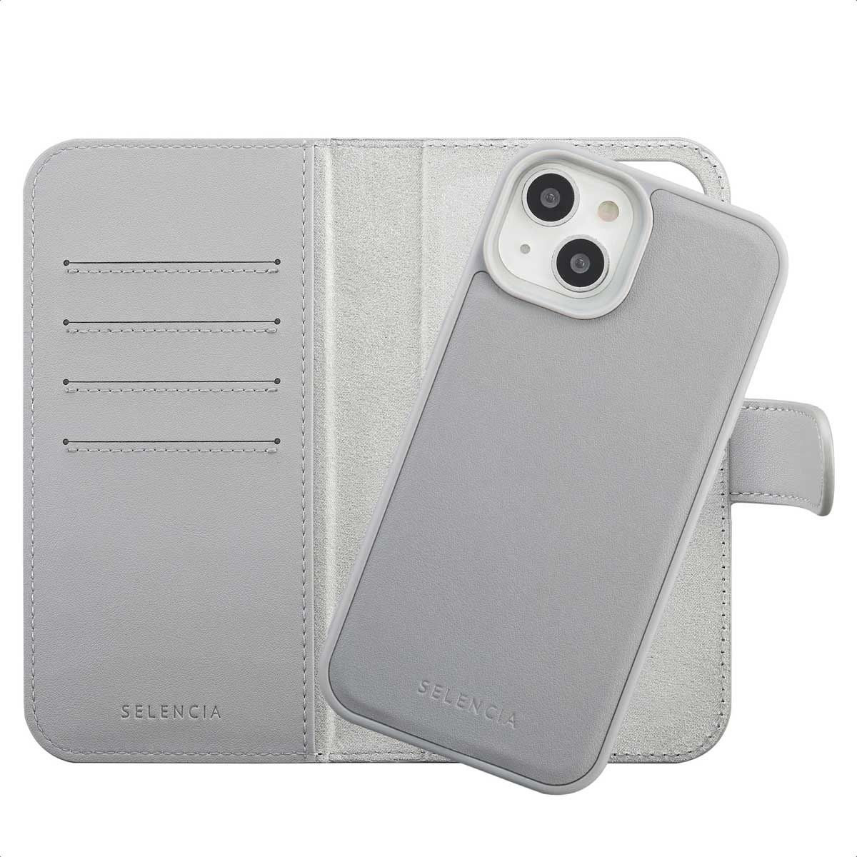 Un étui de téléphone gris avec un téléphone à l'intérieur est ouvert pour montrer l'intérieur. L'étui porte le nom de la marque SELENCIA.