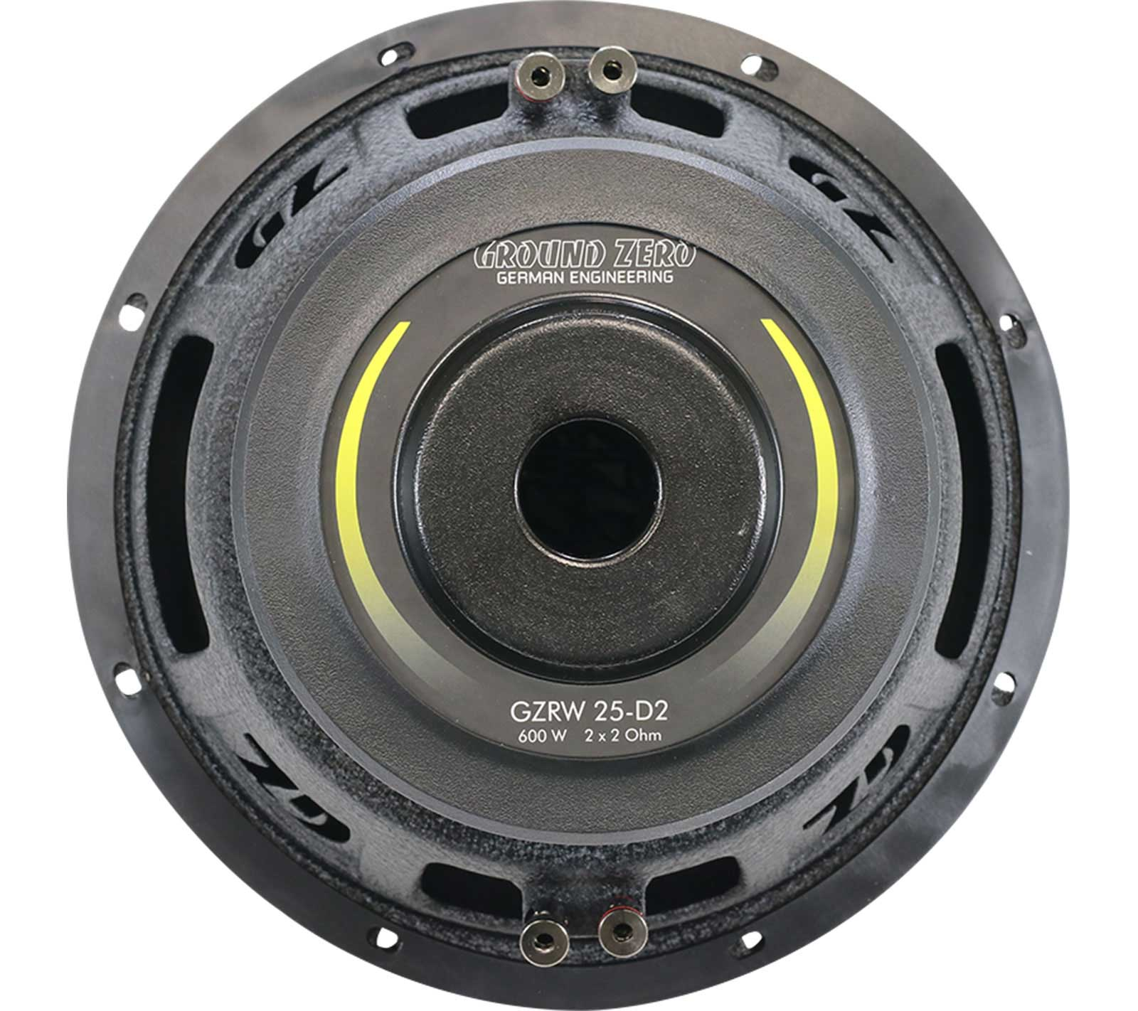 Ein Ground Zero Lautsprecher. Er hat einen schwarzen Körper, ein zentrales Loch und gelbe Akzente. Text beinhaltet 'German Engineering' und 'GZRW 25-D2'.