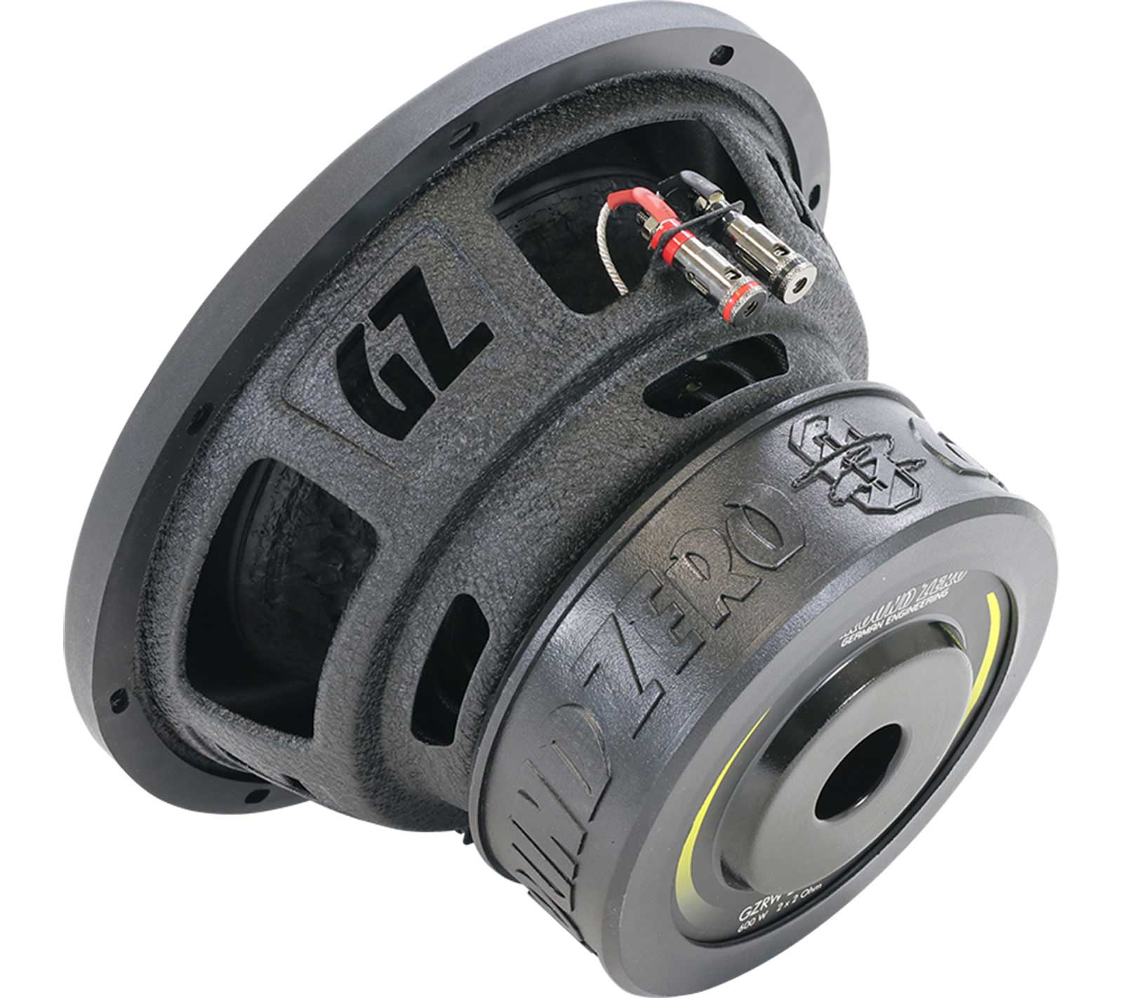 Ein schwarzer Subwoofer mit dem Markennamen GROUND ZERO. Er hat ein kreisförmiges Design und elektrische Anschlüsse.
