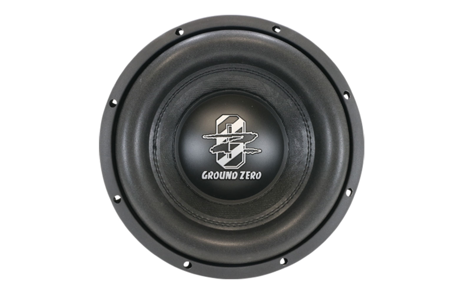 Ein schwarzer Ground Zero Subwoofer. Der Lautsprecher hat einen zentralen Konus, umgeben von einem dicken, kreisförmigen Rahmen mit Befestigungslöchern.