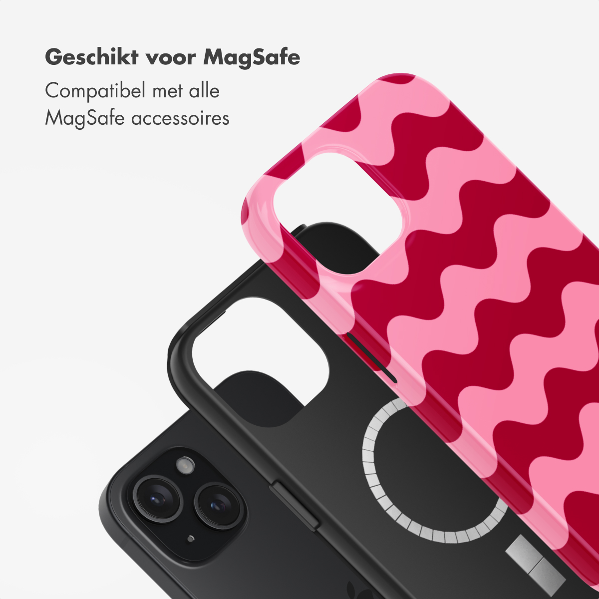 Three phone cases: one black, one pink wave pattern, and one red wave pattern. Text says 'Suitable for MagSafe'.