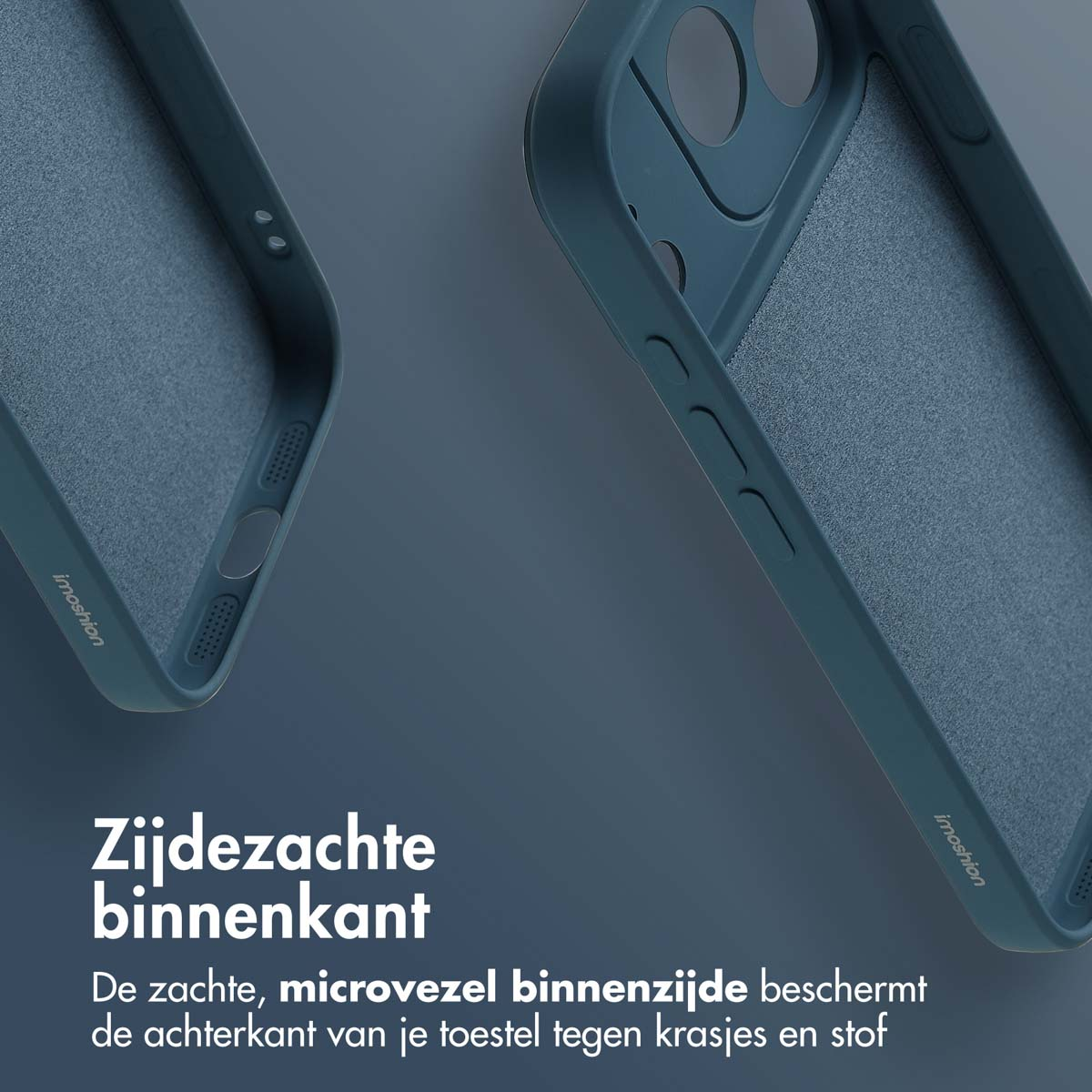 Twee telefoonhoesjes, teal kleur. De binnenkant is zacht, grijze stof. Tekst: Zacht binnen. Microvezel beschermt tegen krassen.