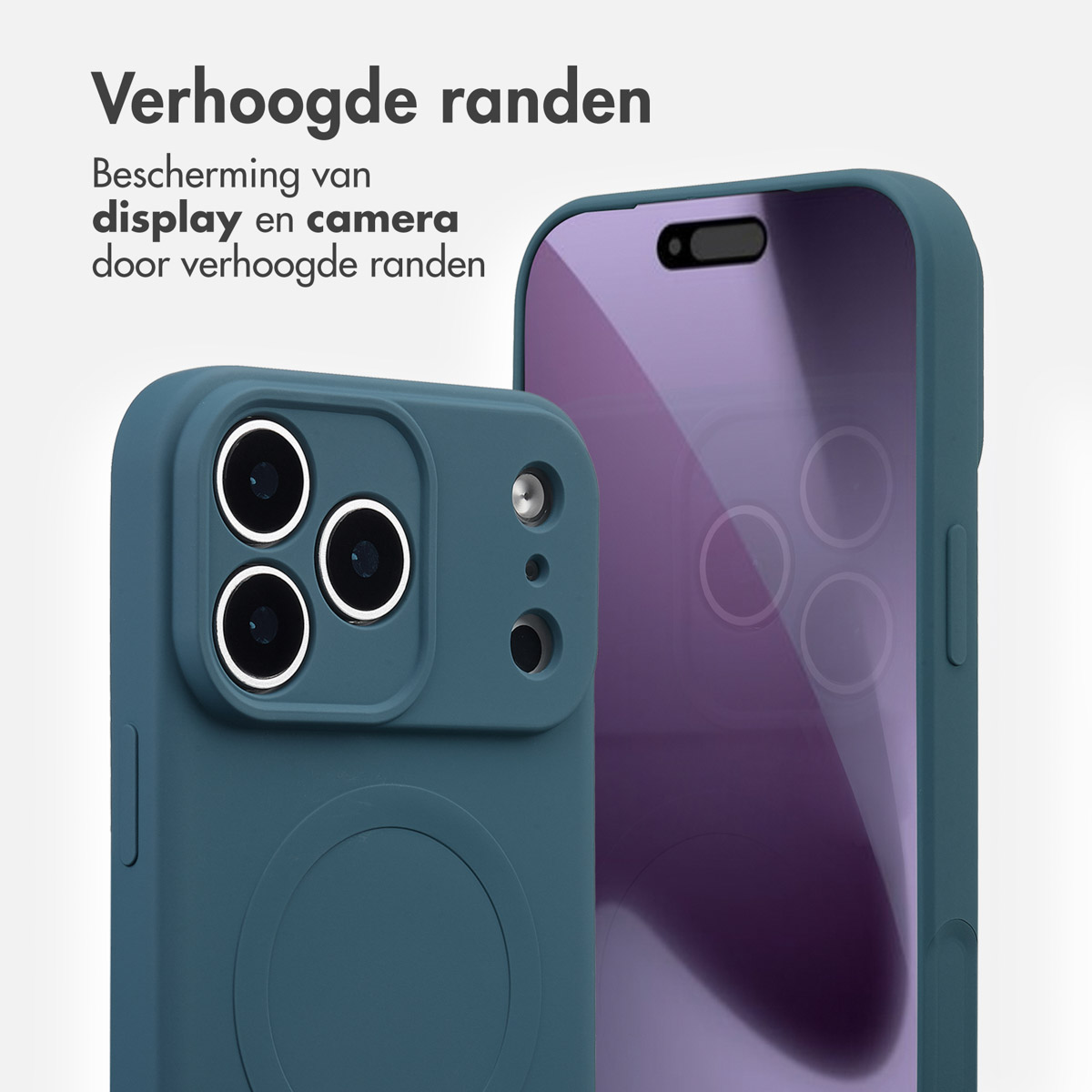 Twee teal telefoonhoesjes. Eén toont de camera, de andere het scherm. Tekst: 'Verhoogde randen' en 'Display- en camerabescherming'.